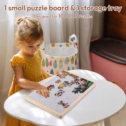 Woodtoe Small Puzzle Board with 2 Sizes, 16.1'' x 11.4'' Puzzles Board for 100 Piece, 16.1'' x 22.8'' Puzzle Table for 300 500 Jigsaw Puzzles, Wooden Felt Puzzle Tray for Kids 3+