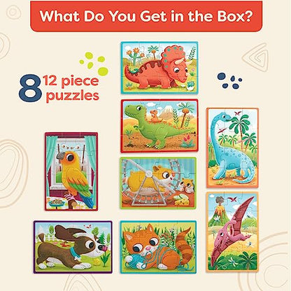 B. toys Wooden Puzzles Pack o' Puzzles Pets & Dinos 2-Pack Set, 2 Pack | 8 wooden jigsaw puzzles in 2 storage boxes; 12 pieces each, pet and dinosaur themes, color-coded backs, 2 Pack; 3+ Years - style: 2 Pack