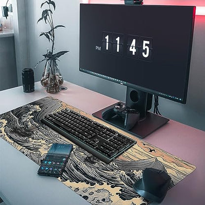 Japanese Sea Waves Large Gaming Mouse Pad,XL Mouse Pad Gaming Mouse Mat Desk Pad,31.5 x 11.8in Desk Mat Anime Mouse Pads for Desk,Extended Keyboard Pad Mousepad with Non-Slip Base and Stitched Edge - color: Japanese Waves