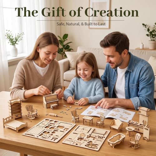 34PCS Wooden Dollhouse Furniture Set, 1:20 Scale | Miniature Furniture for Kitchen, Living Room, Bathroom. STEM Classroom Educational Toy for DIY Crafts and Creative Building
