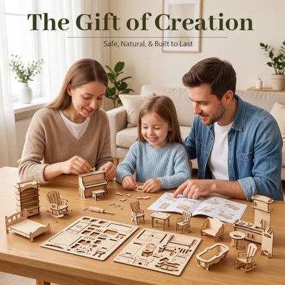 34PCS Wooden Dollhouse Furniture Set, 1:20 Scale | Miniature Furniture for Kitchen, Living Room, Bathroom. STEM Classroom Educational Toy for DIY Crafts and Creative Building