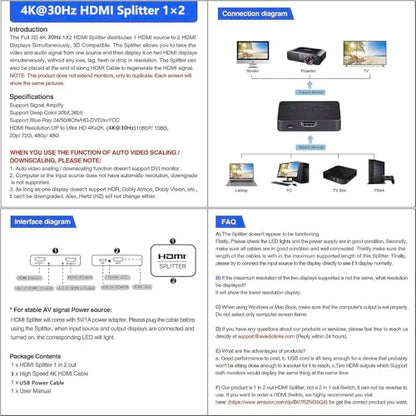 HDMI Splitter 1 in 2 Out【with 1HDMI Cable + 1USB Cable+1Power Adapter 】 1×2 Power HDMI Splitter/Distributor 2 Ports for Dual Monitors Copy/Mirror Support 4K@30Hz 1080P Full HD 3D LED HD TV PS3/4 etc - size: HDMI Splitter 1×2 4K@30HZ