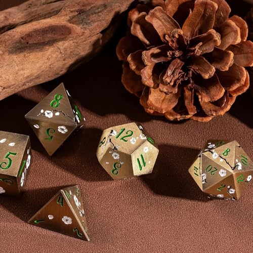 UDIXI Metal DND Dice Set, 7PCS Metal Polyhedral Dice Set Bronze for D&D RPG | White Flower, Metal Case Packaging, Heavy Metal Dice, D&D Gift, for Dungeons and Dragons Role Playing Games Tabletop Games - color: Flower/Bronzegreen