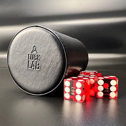 Luck Lab Black Leather Dice Stacking Cup with 5 Serialized Razor Edge 19 mm Casino Dice - Pro Straight Cup for Stacking and Magic Tricks (Red Dice) - color: Red Dice