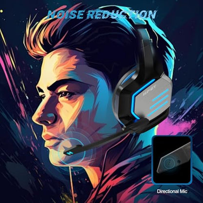 NPET H022 Blue Gaming Headset - Noise Cancelling Over-Ear Headphones with Mic, LED Lights, Bass Surround Sound for PS5, PS4, Xbox One, PC & Controller