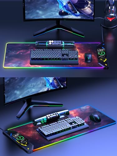 TopMade Wireless Charging Mouse Pad, RGB Gaming Mousepad, 35.4" x 15.8" Extra Large Waterproof Keyboard Desk Pad, Computer Desk Mat, Red Nebula (Includes 20W PD Power Adapter & 6.56ft Woven Cable) - color: RGB Red Nebula-35.4"x15.8"-with Adapter