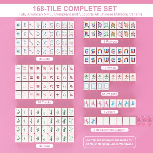 American Mahjong Tile Set - 168 Engraved Mah jongg Tiles Game Sets - Pink Complete Cute Mah Jong, Beautiful Pretty 1.2” Majong Only, 3D Carving Mahjongg with Bag and Dice Accessories (Pink) - color: Pink
