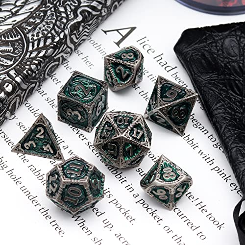 Haxtec DND Dice Set Metal D&D Dice Set with Leather Dice Bag Antique Iron Green Metal Polyhedral Dice Compatible with Dungeons and Dragons TTRPG Gifts - color: Iron Green
