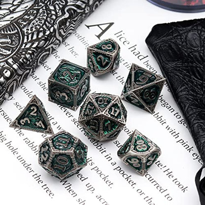Haxtec Metal DND Dice Set, 7 Pcs Dragon Pattern Polyhedral Dice for RPG | Antique Green D&D Dice with Leather Bag, Compatible with Dungeons and Dragons, Heavy Metallic, TTRPG Gifts for Table Games - color: Iron Green