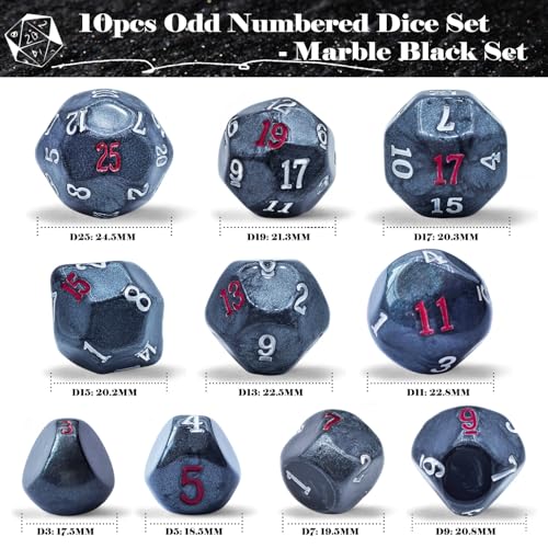 10 Pieces Odd Numbered Polyhedral Dice Set D3-D25, Odd Number Dice D3, D5, D7, D9, D11, D13, D15, D17, D19, D25 for Role Playing Table Games (Marble Black Set) - color: Marble Black Set