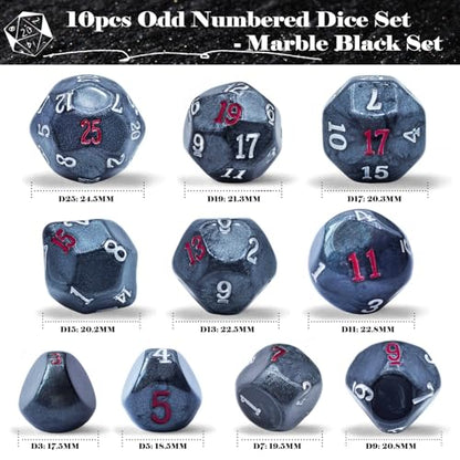 10 Pieces Odd Numbered Polyhedral Dice Set D3-D25, Odd Number Dice D3, D5, D7, D9, D11, D13, D15, D17, D19, D25 for Role Playing Table Games (Marble Black Set) - color: Marble Black Set