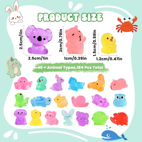 DIYDEC 184PCS Luminous Mini Resin Animals, Miniatures Figures Glow in The Dark Small Tiny Toys to Hide Little Ducks Decor for Party Favors Bag Fillers Fairy Garden Dollhouse Accessories