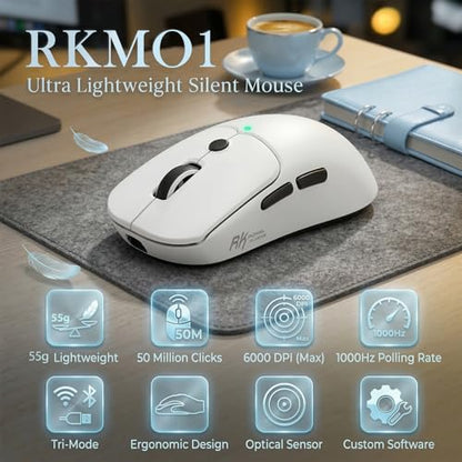 RK ROYAL KLUDGE MO1 Wireless Mouse, 55g Ultra-Lightweight Computer Mice, 6 Programmable Buttons, 2.4GHz/Bluetooth/Wired, 6000 DPI Optical Sensor, White - color: White