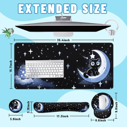 Moon Cat Desk Mat Set Starry Night Large Mouse Pad with Wrist Rest 4in1 Desk Mat for Desktop Ergonomic Computer Desk Arm Wrist Anti-Slip Computer Ergonomic Mouse Pad Home Office Gaming - color: Moon Cat