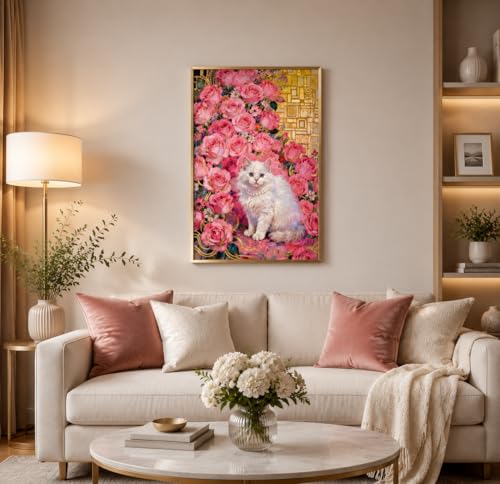 1000 Piece Puzzle for Adults, Elegant White Persian Cat with Pink Roses & Gold Art Nouveau Design, Premium Matte Finish, Thick Blue Cardboard, Perfect for Jigsaw Puzzles Lovers - color: Rose Gold Whiskers