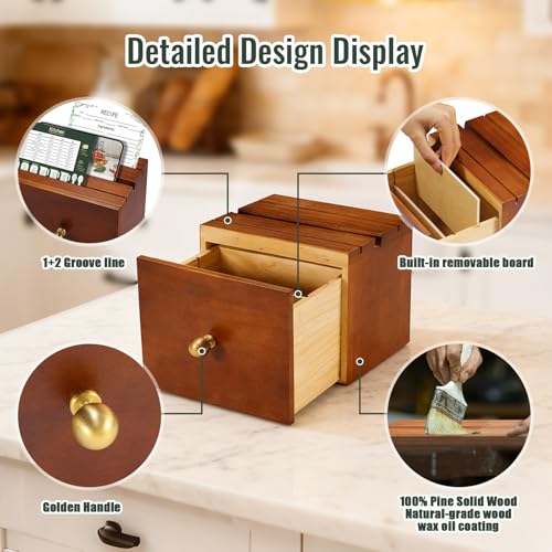 Pine Wood Recipe Box Set, Drawer Style with 100 4x6 Cards | Fits 3x5 and 4x6 cards for cooking, baking and preserving family recipes; a gift for weddings, housewarmings and holidays - color: Reddish Brown