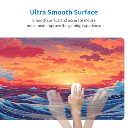 Gaming Mouse Pad Desk Pad,Extended Big Mouse Pad,31.5x11.8 Inch Long Computer Keyboard Mouse Mat Mousepad with 3mm Non-Slip Base and Stitched Edge for Gaming and Office… (Sunset Wave) - color: Sunset Wave