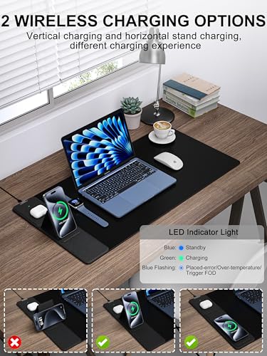 TopMade 4-in-1 Mouse Pad with 15W Wireless Charging, Foldable Phone Holder, 31.5" x 15.75" XXL Large Desk Pad, Gaming Mousepad with Ultra-Smooth Surface, Non-Slip Base, Waterproof Desk Mat, Black - color: Black-Phone Holder-31.5"x15.8"