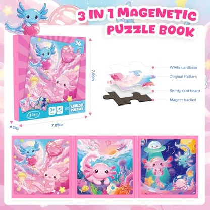Magnetic Jigsaw Puzzles for Toddlers Kids 3-8 Girls,(3 36-Pieces) Travel Puzzles Toys for Kids Ages 4-6,Take-Along Car Airplane Road Trip Activities Game for 3 4 5 6 7 8 Year Old Birthday Gift,Axolotl - style: Axolotl