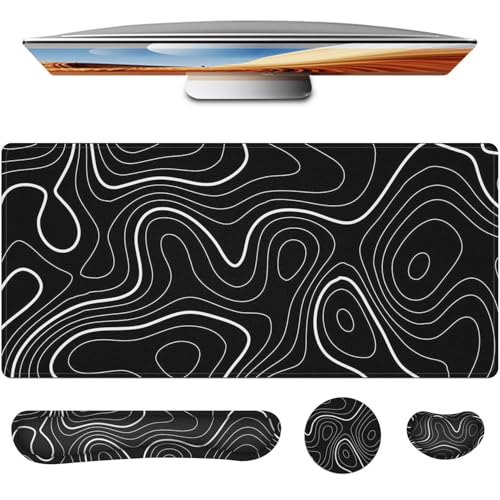 4 in 1 Large Mouse Pad,Keyboard Wrist Rest Set,Desk Mat with Stitched Edges Thicken Desk Pad,Wrist Support for Keyboard and Mouse,Desk Mat for Home Office Game(Black Marble) - color: Black Marble