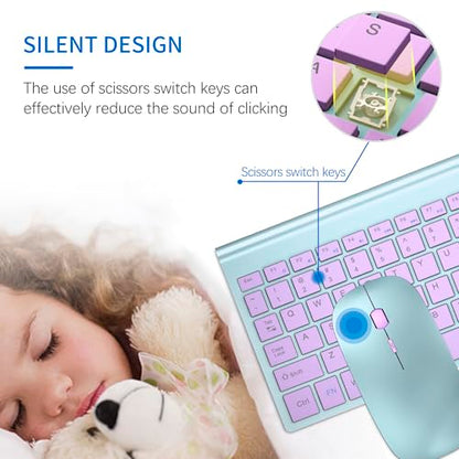 Wireless Keyboard and Mouse Ultra Slim Combo, TopMate 2.4G Silent Compact USB 2400DPI Mouse and Scissor Switch Keyboard Set with Cover, Batteries Included, for PC/Laptop/Windows/Mac - Blue Purple - color: Blue Purple