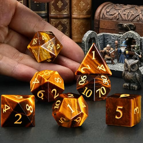 Golden Tiger's Eye 7Pcs Polyhedral Dice Set, Natural Gemstone Multi-Faceted DND Dice for Dungeons and Dragons RPG Tabletop Game (Tiger's Eye) - color: Tiger's Eye