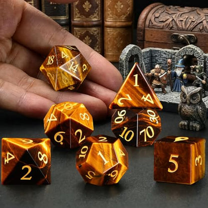 Golden Tiger's Eye 7Pcs Polyhedral Dice Set, Natural Gemstone Multi-Faceted DND Dice for Dungeons and Dragons RPG Tabletop Game (Tiger's Eye) - color: Tiger's Eye