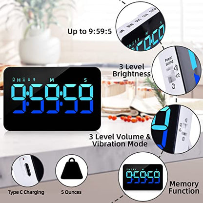 PERSUPER Kitchen Digital Timer, Count Down Up, Rechargeable, Vibration Mode | Adjustable Volume and Brightness LED Display, Time Management Cook, Desk, Kids Adults Study Teaching, Kitchen Gadgets Blue - color: Blue