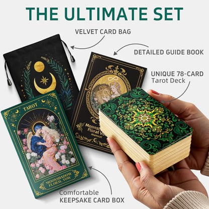 Moonshadow Floral Vow Tarot Cards with Guide Book for Beginners Original Unique Pretty Tarot Oracle, Gold Foil Tarot Cards with Guide Book Set&Gift Box for Beginner& Expert