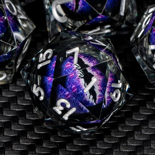 ARUOHHA DND Resin Dice Dragon Eye Dice Liquid Core Purple Sharp Edged Dice Set with Gift Box, Dungeons Polyhedral D and D Dice Set Compatible with D&D Role Playing Game D20 D12 D10 D8 D6 - color: Ly02-purple Black