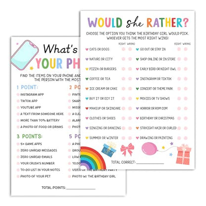 Birthday Party Card Games, Colorful Rainbow Ice Cream Pink Bow Themed Would She Rather Game Cards, What’s on Your Phone Games, Fun Sleepover Party Game For Kids Adults, 03 - color: Colorful Who Knows The Birthday Girl Best