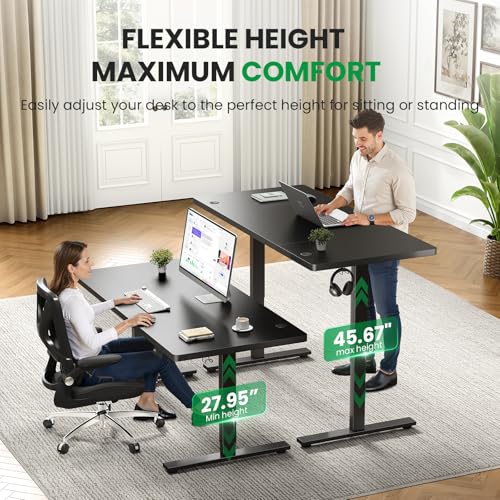 Black 60x28 in Electric Standing Desk, 1 Inch Thick Tabletop | Double Beam Frame, Holds 220lbs, Sit Stand, 3 Memory Height Adjustment, Extra Deep Table Top, Black Frame - color: Black Top / Black Frame, size: 60 x 28 Inch