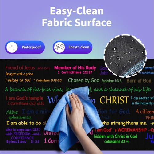 Who I Am in Christ Large Mouse Pad, Colorful Bible Verse Art Black Desk Mat | Keyboard Mat Stitched, 31.5" x 15.8", Christian Scripture, Inspirational Faith Quote, Religious, Identity in Christ - color: Colorful Bible Quotes