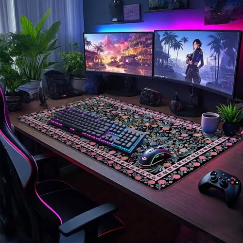 Black Floral Desk Mat Large Mouse Pad 31.5"x15.7" Non-Slip | Extended Mousepad, Non-Slip Rubber Base , Stitched Edges, for Computer/Laptop/Office/Home - color: Black Floral
