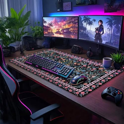 Black Floral Desk Mat Large Mouse Pad 31.5"x15.7" Non-Slip | Extended Mousepad, Non-Slip Rubber Base , Stitched Edges, for Computer/Laptop/Office/Home - color: Black Floral