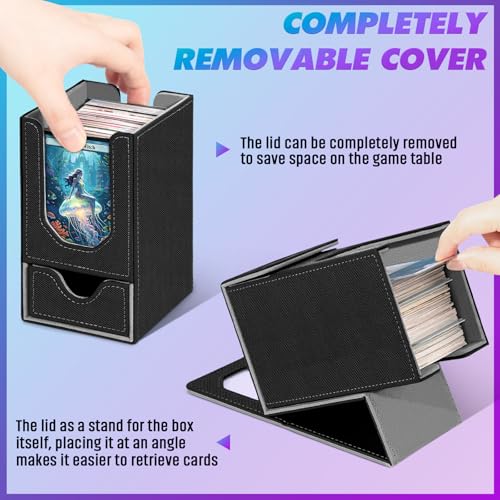 Card Deck Box for MTG Commander, Fits 100+ Double-Sleeved Cards Card Case | with Detachable Dice Tray, 2 Dividers, Removable lid, Trading Card Storage Box, Sturdy and Durable, Fits TCG/PTCG/Sports Card - color: Black and Light Gray
