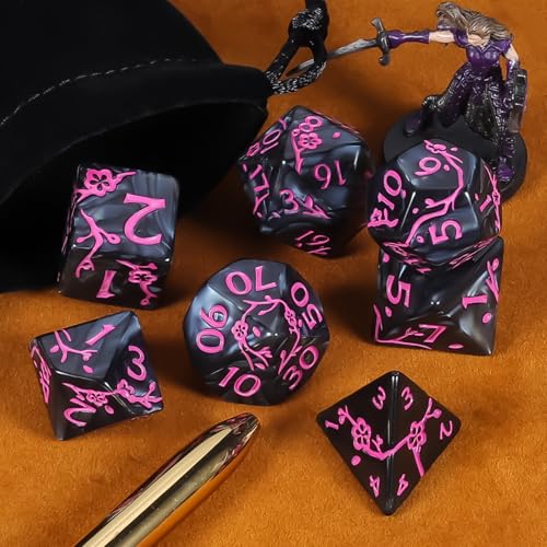 CiaraQ 7pcs Polyhedral Dice Set for Dungeon and Dragons MTG Table Games | Acrylic Role Playing Dice for D&D with Black Velvet Bag – Black Pearl with Pink Numbers & Plum Blossom Patterns - color: Black and Pink Floral Dice