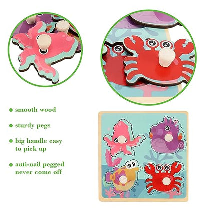 Wooden Peg Puzzles for Toddlers 1-3, Kids' Educational Preschool Peg Puzzle Toy, Set of 4 Toddler Puzzles - Farm, Dinosaur, Fruit and Marine Animals, Ideal Gift for Ages 1 2 3 Boys and Girls - color: Style a