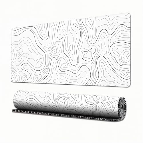 Large Gaming Mouse Pad, White Topographic Mousepad Desk Mat for Gaming Office, Long XL Mouse Pads Keyboard Pad Desk Pad for Computer Laptop 31.5''x11.8''