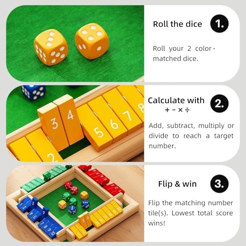 Shut The Box Game Wooden, 2-4 Player Close The Box Dice Game with 8 Colorful Dice, Wooden Math Board Games for Kids Adults Family, Portable Wood Shut The Board Game Box for Party Travel(8.7" x 8.7")