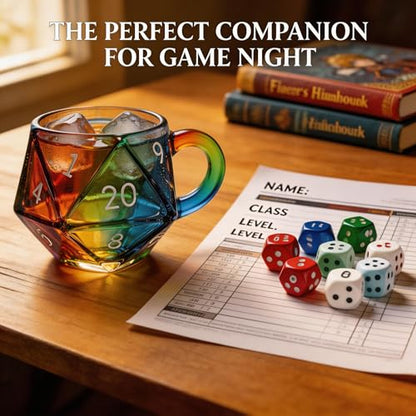 D20 Dice Glass Mug – Hand-Painted 3D Fantasy RPG Tankard, Collectible Clear Drinkware, Unique Gift for DND Players & Tabletop Gamers - color: D20 Dice Glass Mug