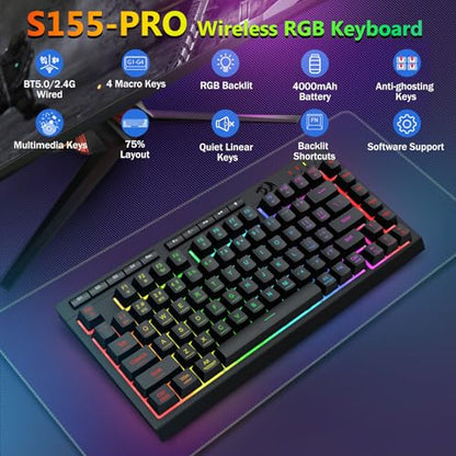 Redragon Wireless Gaming Keyboard and Mouse Combo, Bluetooth/2.4G/USB-C Wired, RGB Backlit, 75% Portable Quiet Rechargeable Macro Membrane Keyboard & 12800 DPI Mouse with Software for Win/MAC - color: Gaming Combo