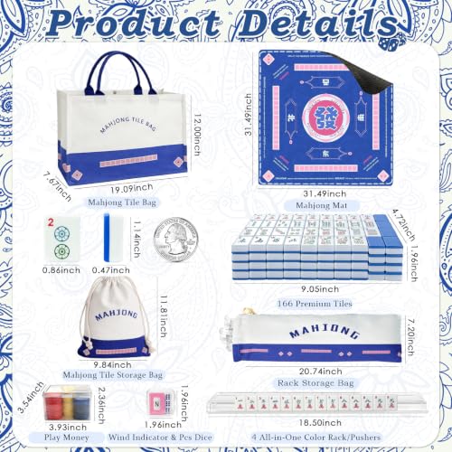 GUJYUYIF166Pcs American Mahjong Tiles Set with Mat, Racks and Accessories - color: Blue