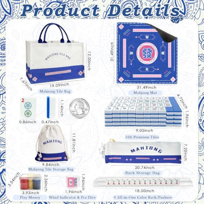 GUJYUYIF166Pcs American Mahjong Tiles Set with Mat, Racks and Accessories - color: Blue