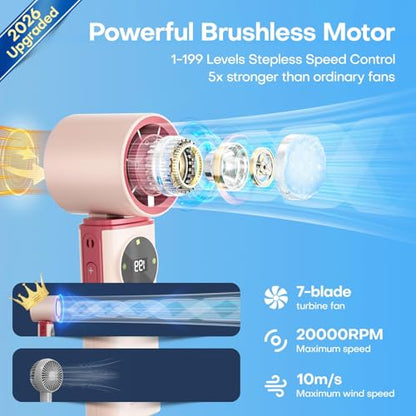 6000mAh Portable Handheld Fan with Ice Cooling, 199 Levels Stepless Speed, 20H Long Battery Life, 20000RPM Turbo Fan Rechargeable Personal Mini Fan for Travel, Outdoor, Makeup (Pink) - color: Pink
