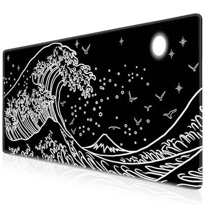 Canjoy Large Gaming Mouse Pad, 31.5x11.8in Computer Keyboard and Mouse Mat | Japanese Sea Wave XXL-Large Mouse pad Full Desk Mousepad Extended Computer Desk Pad with Rubber & Double Stitched - color: Black-Sea Wave, size: 800*300mm