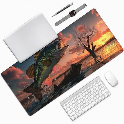 Large Gaming Mouse Pad with Bass Fish Sunset Design, Non-Slip Rubber Base, Stitched Edges, Extended Size 35.4 x 15.8 inches - color: Large Mouth Bass