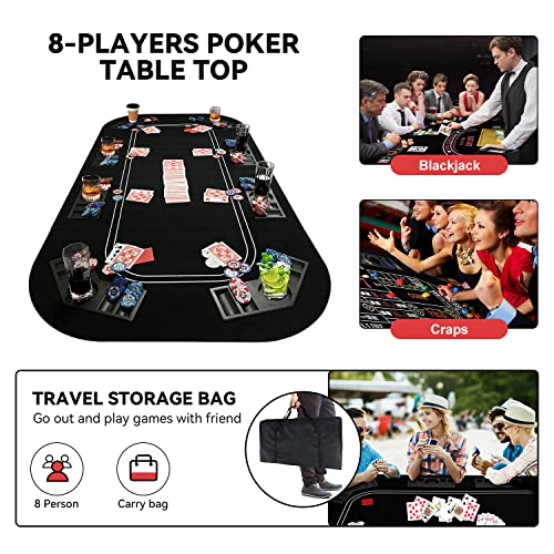 Foldable Poker Table Top with Cup Holders & Interchangeable Game Mat Topper | 3-in-1 Poker Table with Reversible Black Felt for Texas Hold'em Poker, Blackjack, Craps for 8 Players Home Party, Game Night - color: White