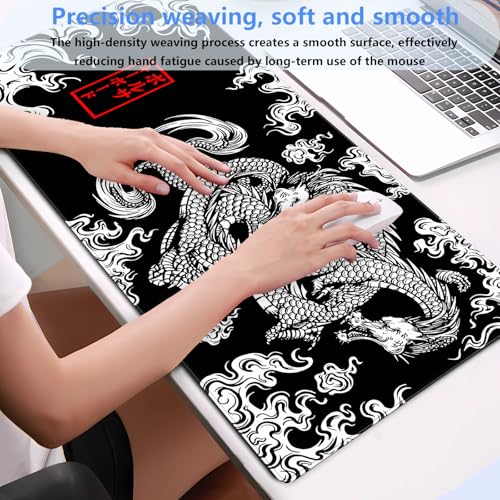 Japanese Dragon Desk Mat, Black White XXL Large Gaming Mouse Pad | Stunning high contrast ink dragon desk pad providing elite tracking accuracy, plush support, and anti-fray borders. - color: Dragon