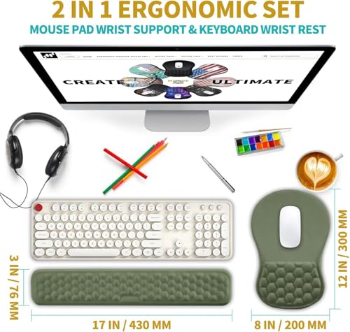 Hokafenle 2 in 1 Ergonomic Mouse Pad Wrist Support & Wrist Rest for Computer Keyboard Set, with Relieve Carpal Tunnel Pain Massage Bulge and Full Memory Gel Design (2In1 Set, Dark Green) - color: Hk007-dark Green